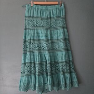 Turquoise Boho Cotton Lace Long Skirt Small